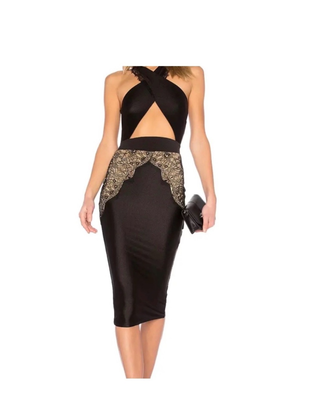 Michael Costello Black Midi Dress with Gold Lace Detail